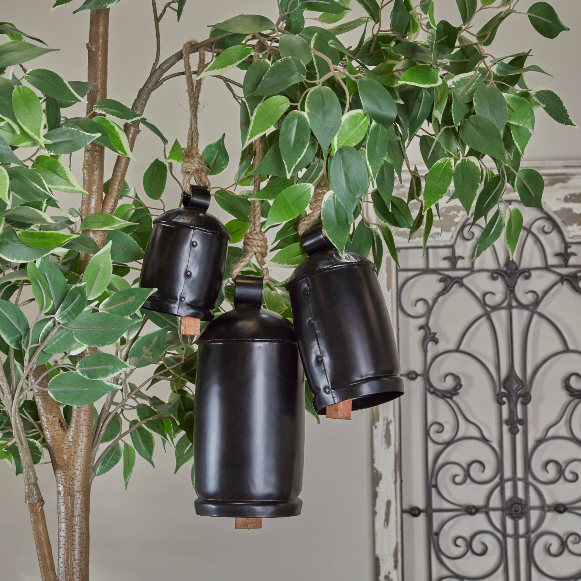 Black Metal Bohemian Decorative Cow Bell, Set of 3" 13", 8", 7"